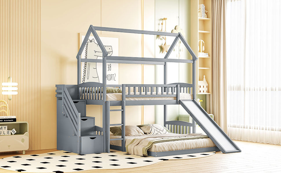 Kids House Bunk Bed Frame with Built-In Slide and Guard Rails for
