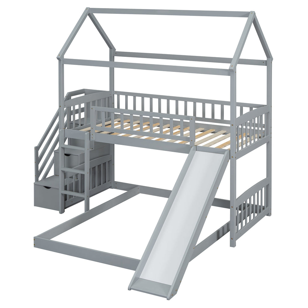 Kids House Bunk Bed Frame with Built-In Slide and Guard Rails for