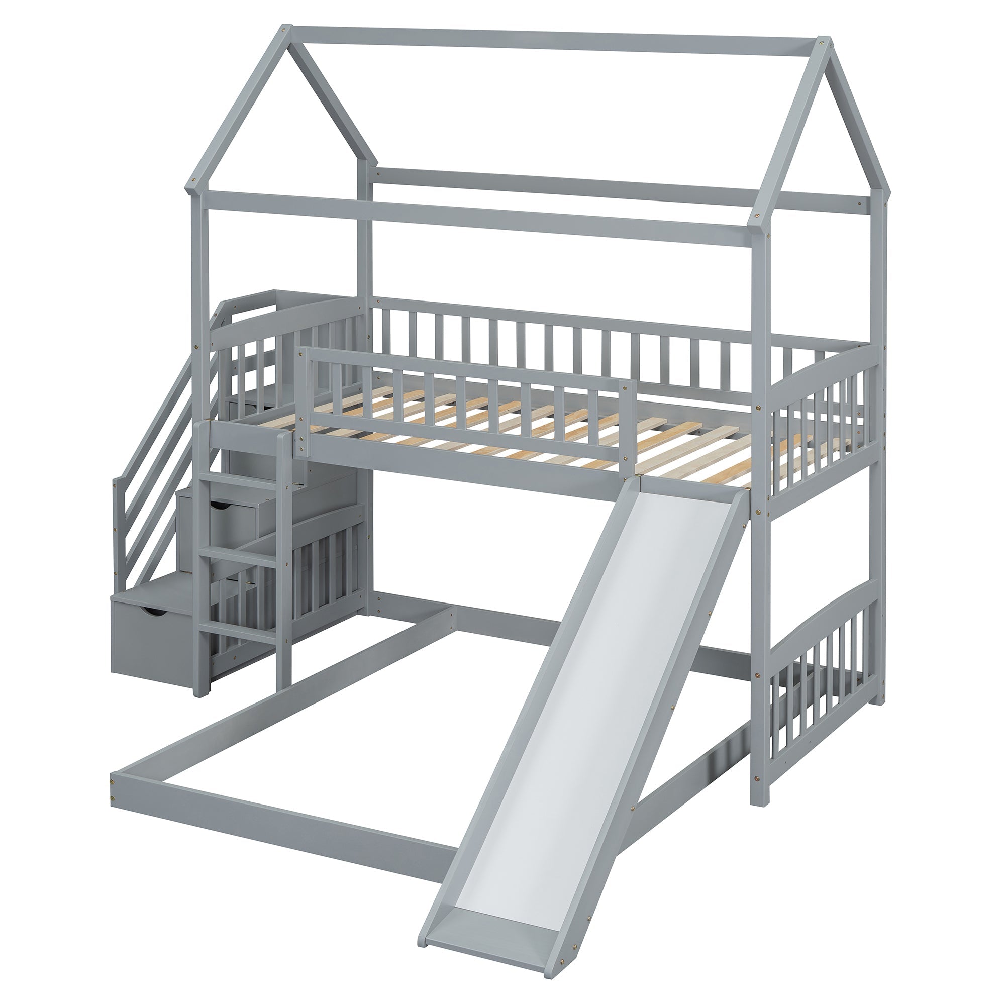 Kids House Bunk Bed Frame with Built-In Slide and Guard Rails for