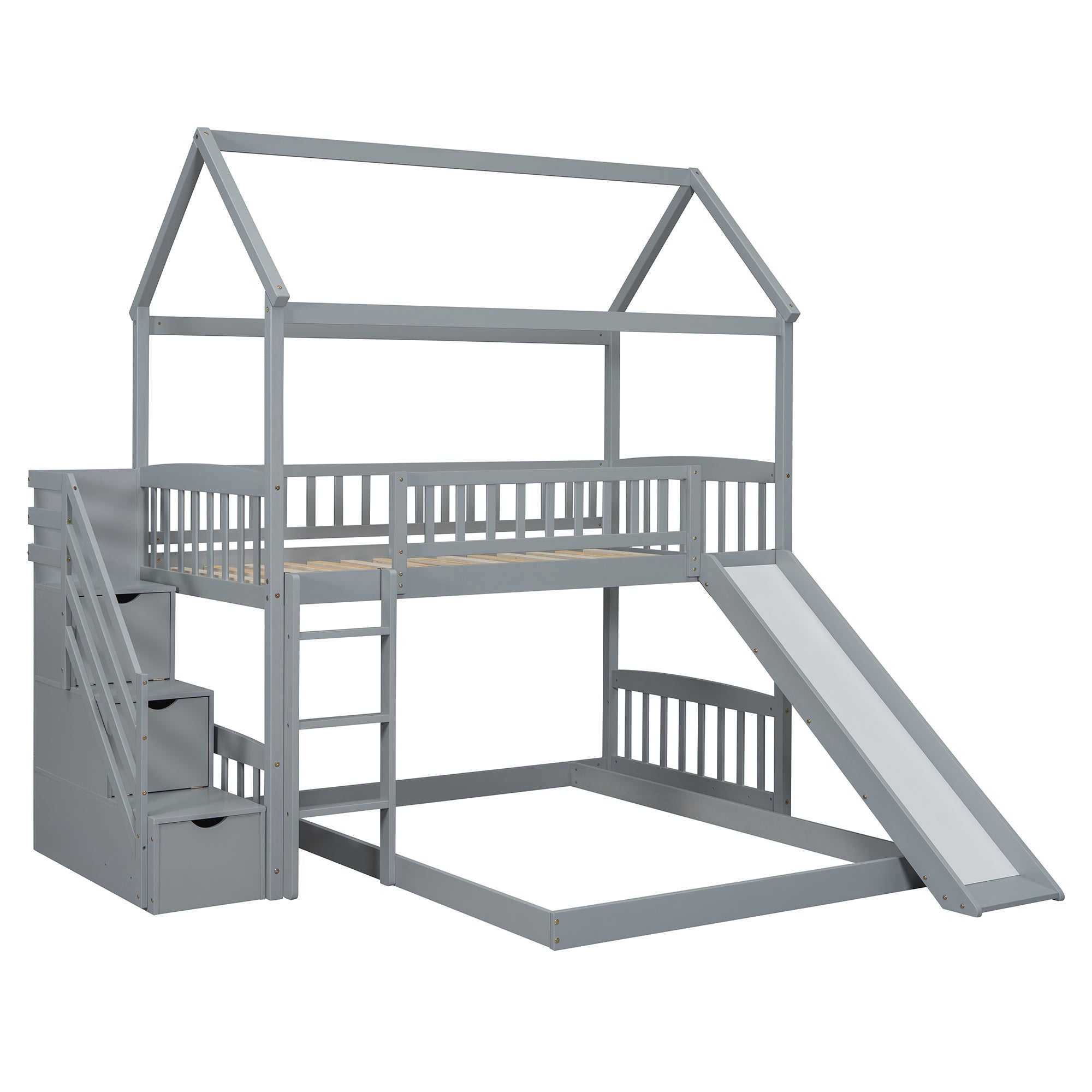 Kids House Bunk Bed Frame with Built-In Slide and Guard Rails for