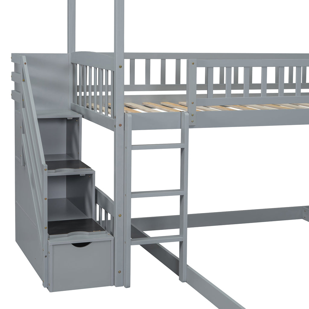 Kids House Bunk Bed Frame with Built-In Slide and Guard Rails for