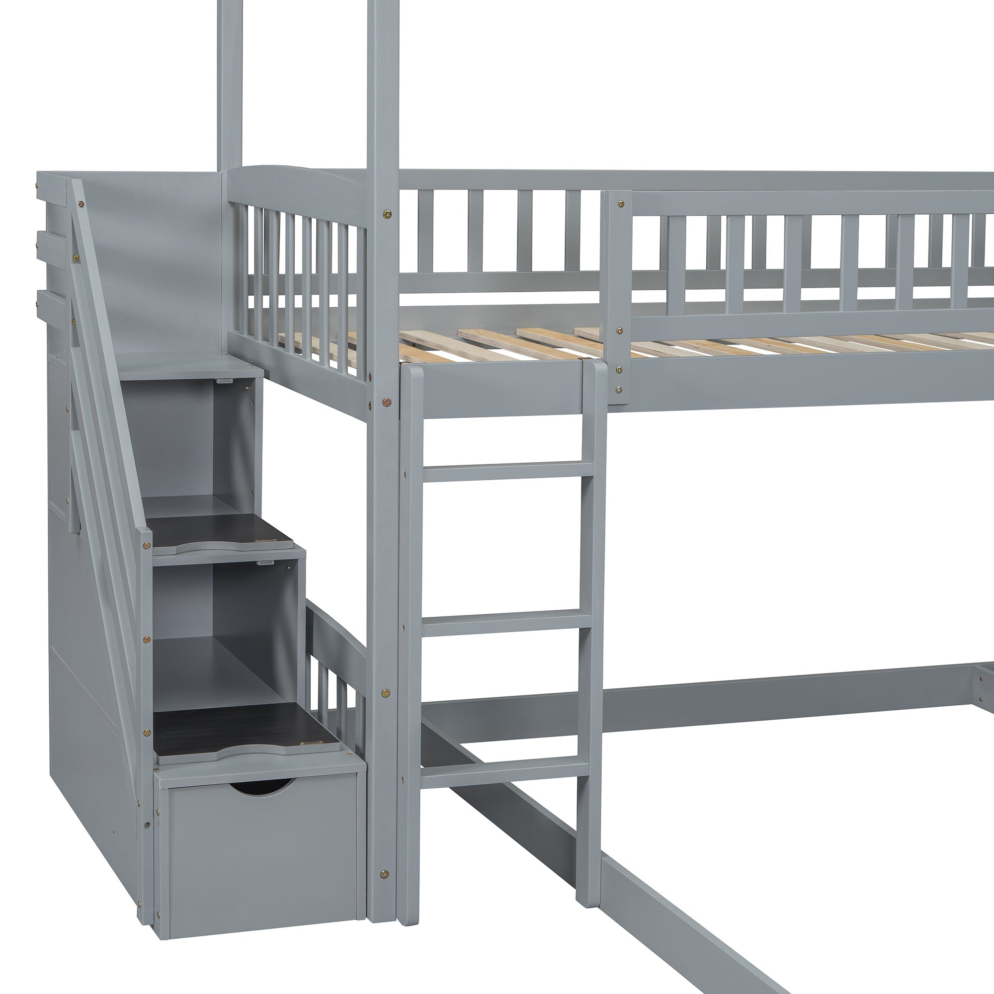 Kids House Bunk Bed Frame with Built-In Slide and Guard Rails for