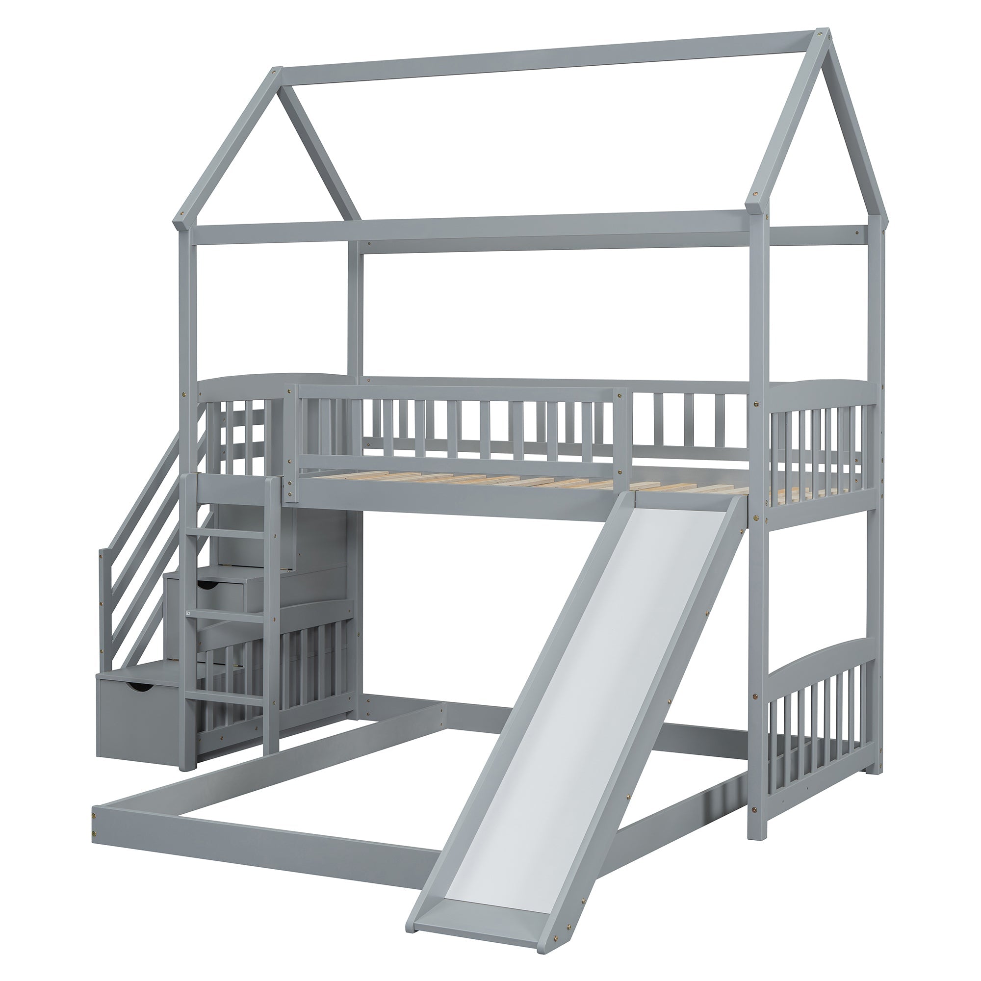 Kids House Bunk Bed Frame with Built-In Slide and Guard Rails for