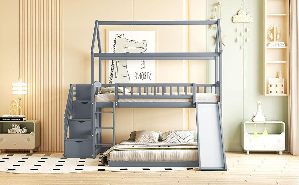 Kids House Bunk Bed Frame with Built-In Slide and Guard Rails for