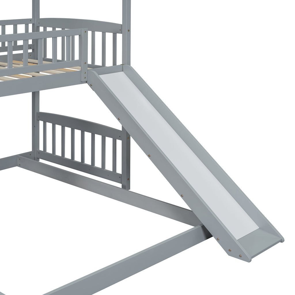Kids House Bunk Bed Frame with Built-In Slide and Guard Rails for