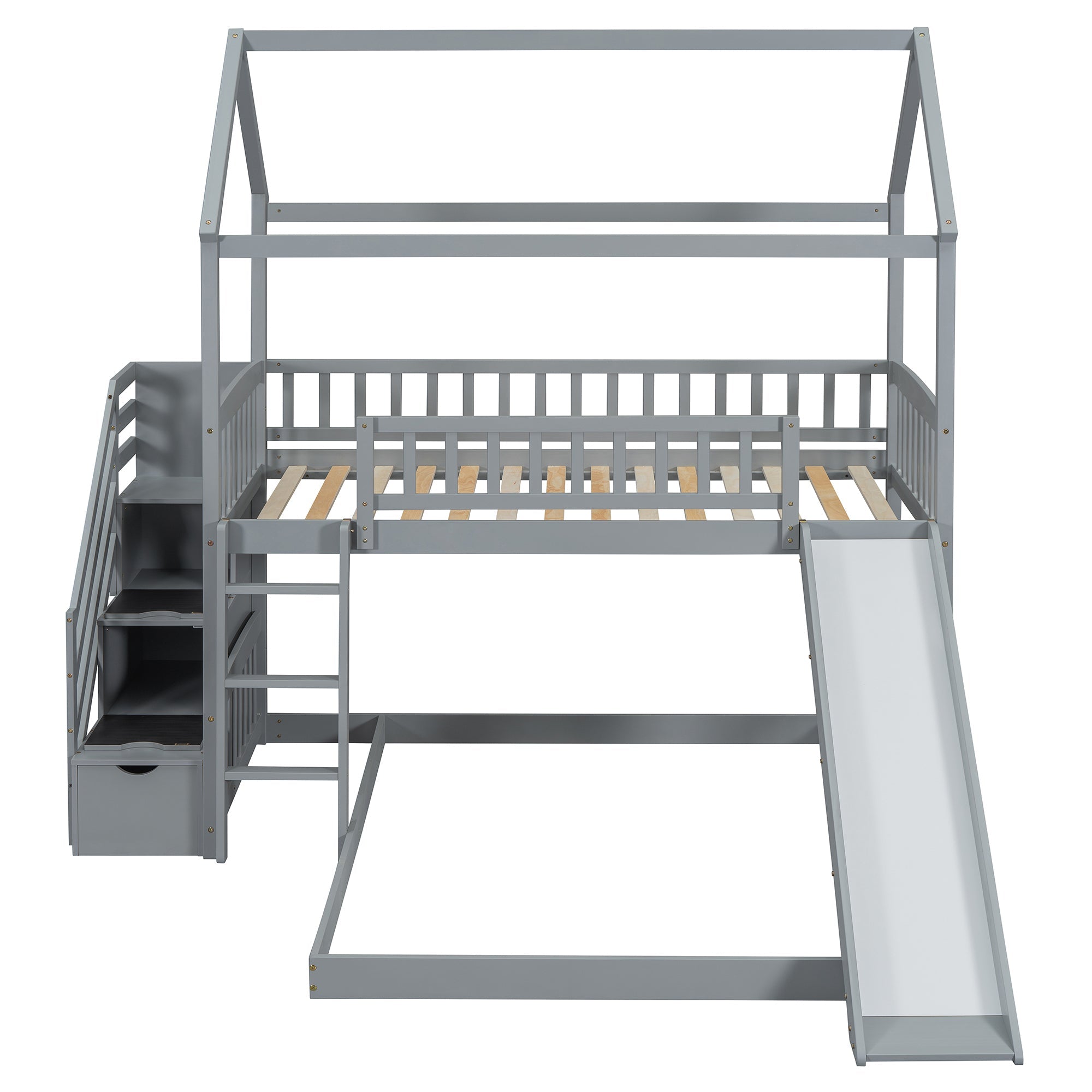 Kids House Bunk Bed Frame with Built-In Slide and Guard Rails for