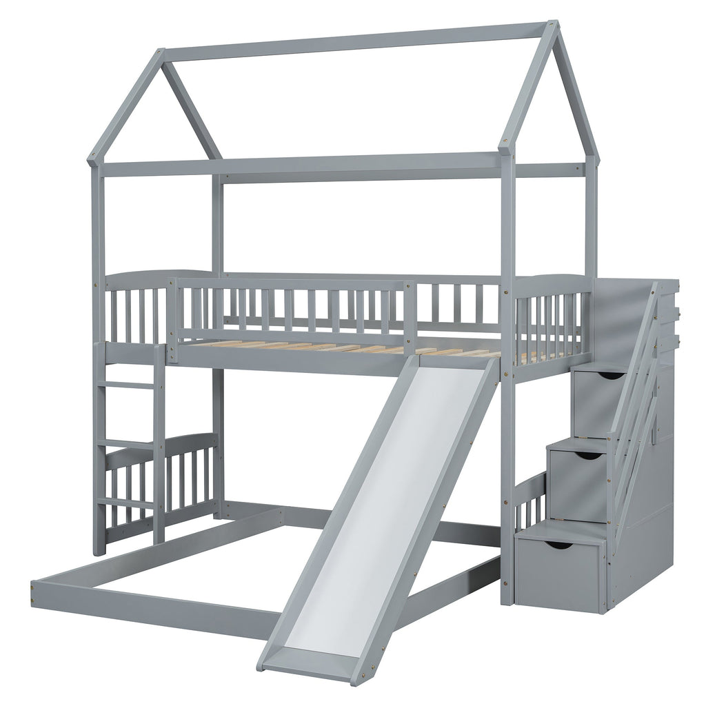 Kids House Bunk Bed Frame with Built-In Slide and Guard Rails for