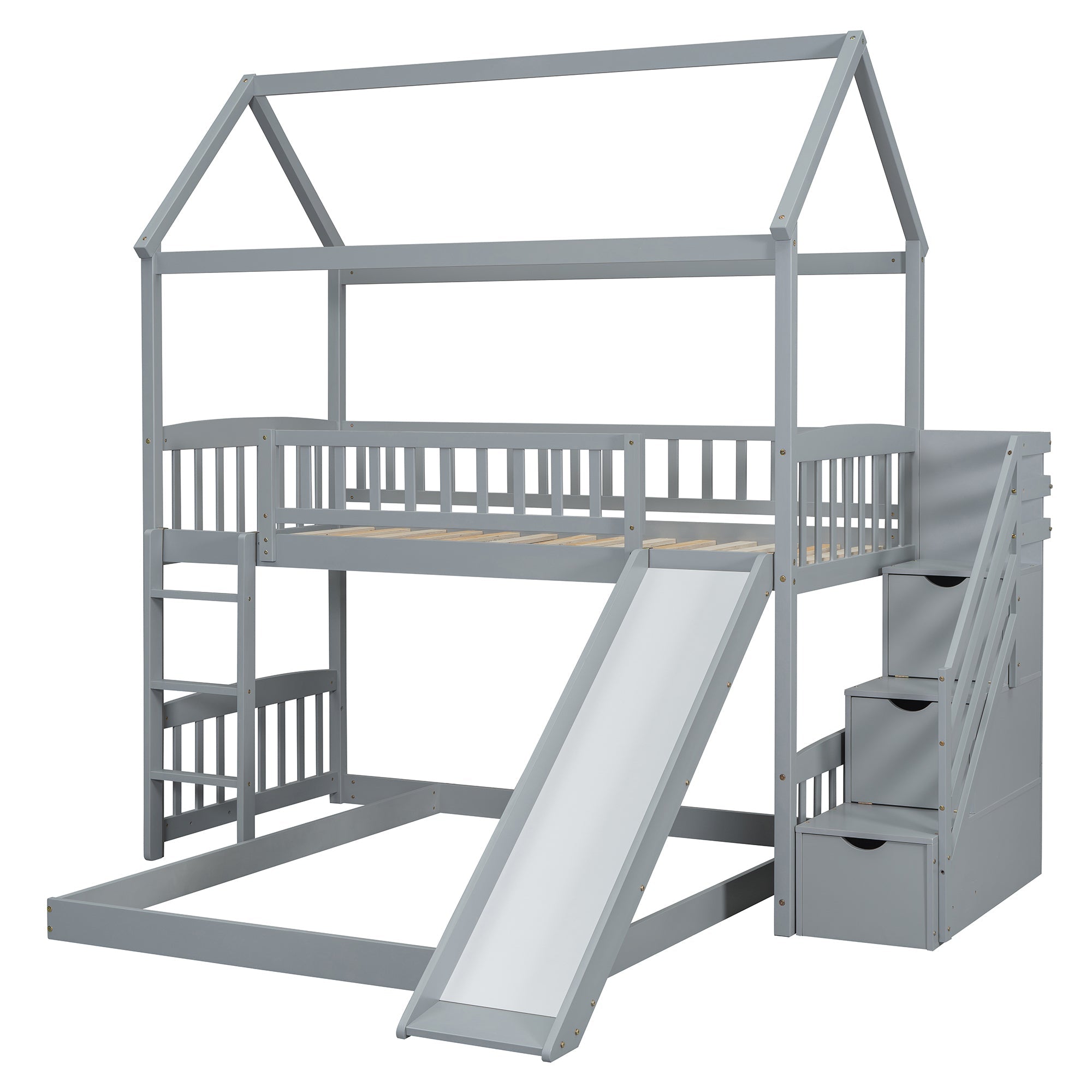 Kids House Bunk Bed Frame with Built-In Slide and Guard Rails for