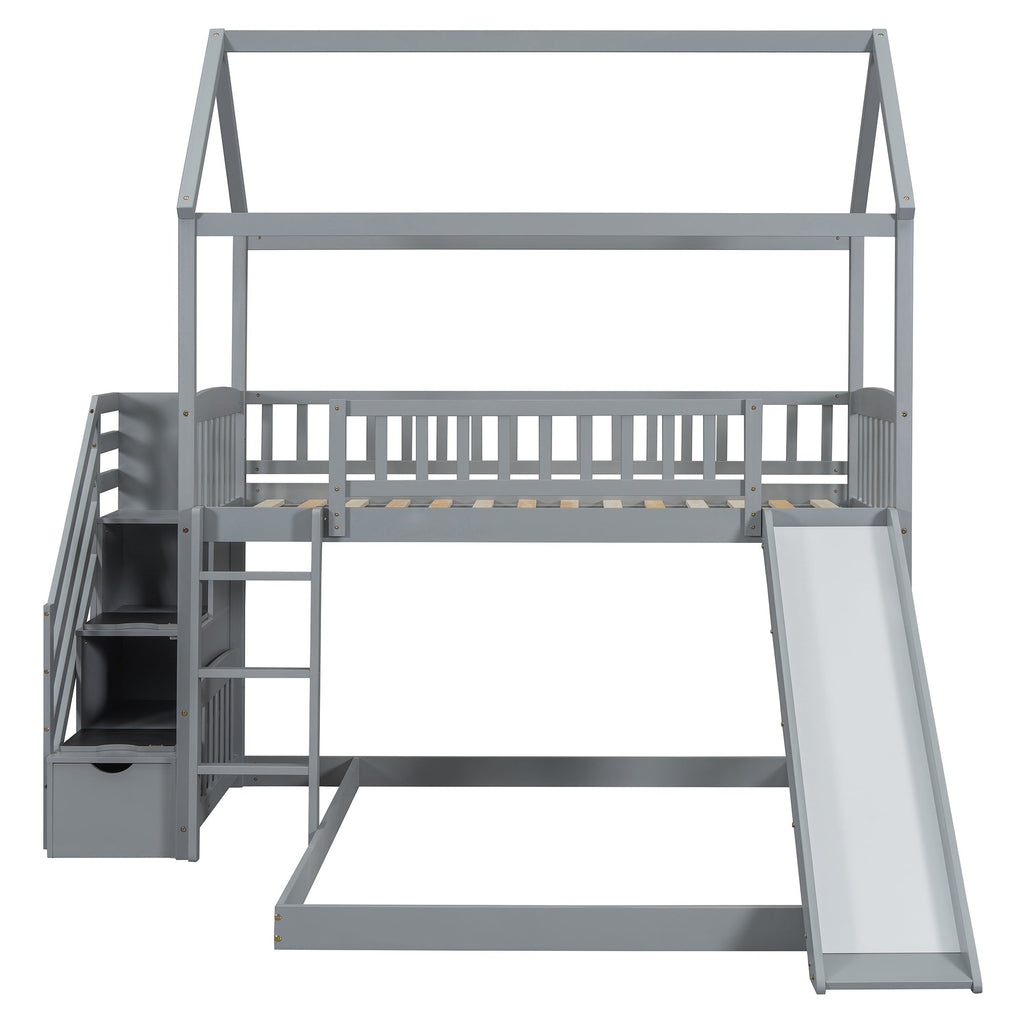 Kids House Bunk Bed Frame with Built-In Slide and Guard Rails for