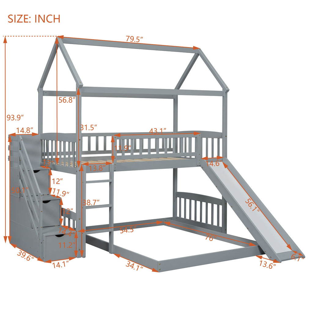 Kids House Bunk Bed Frame with Built-In Slide and Guard Rails for