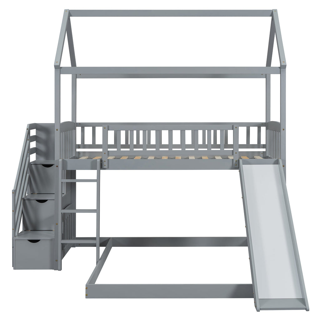 Kids House Bunk Bed Frame with Built-In Slide and Guard Rails for