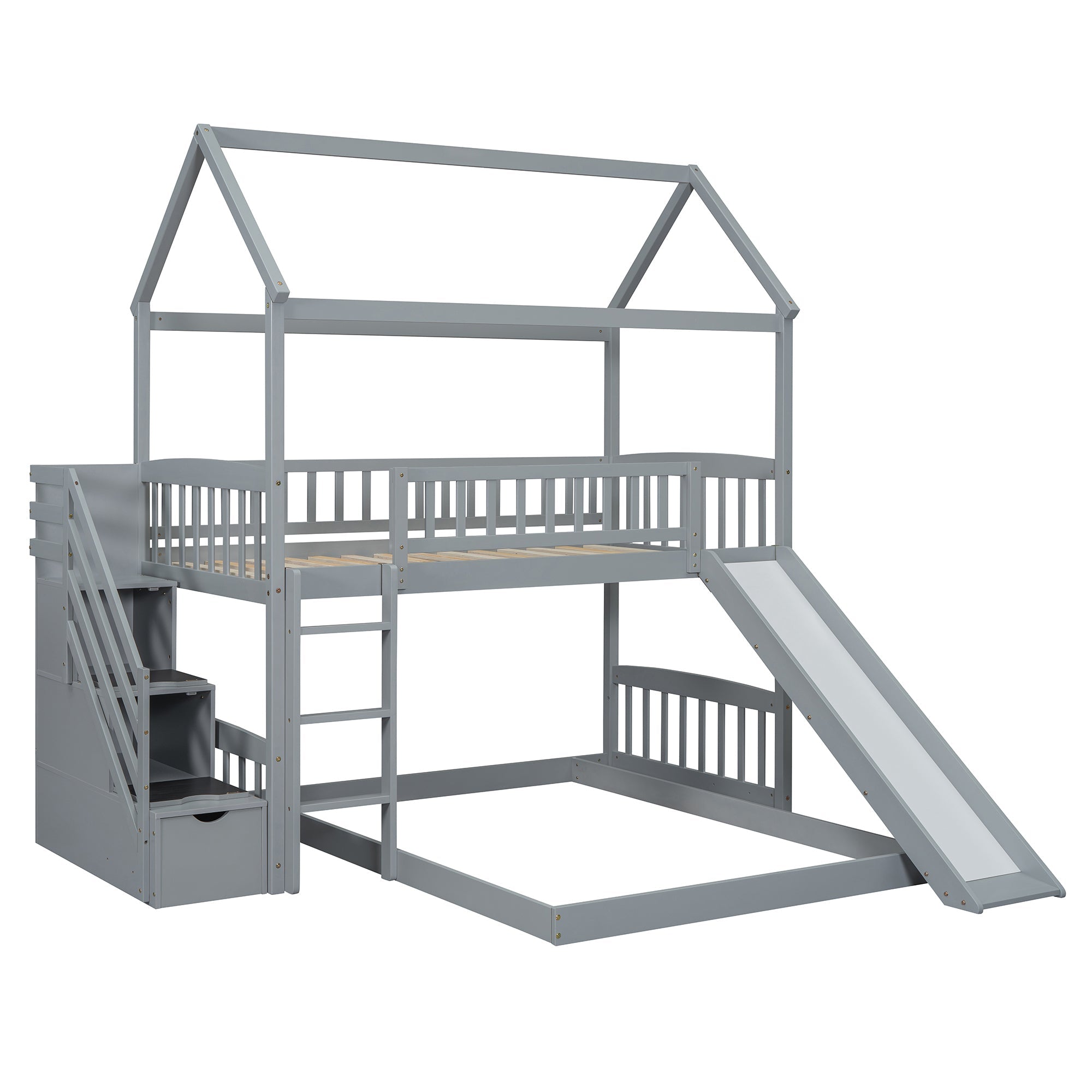Kids House Bunk Bed Frame with Built-In Slide and Guard Rails for