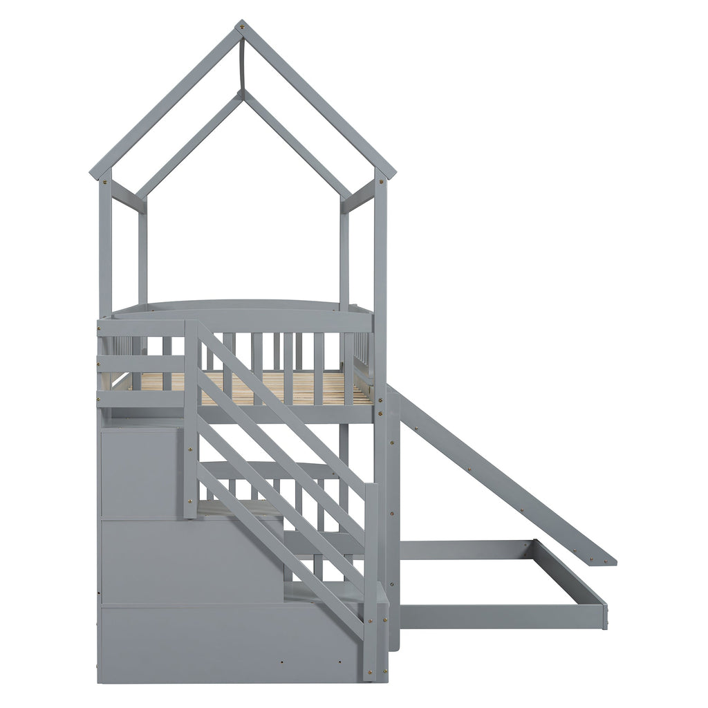 Kids House Bunk Bed Frame with Built-In Slide and Guard Rails for