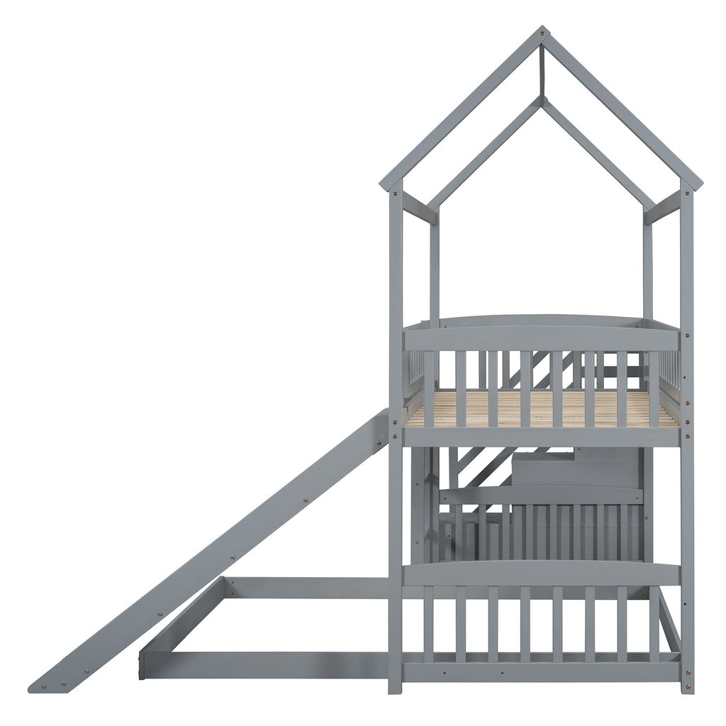 Kids House Bunk Bed Frame with Built-In Slide and Guard Rails for