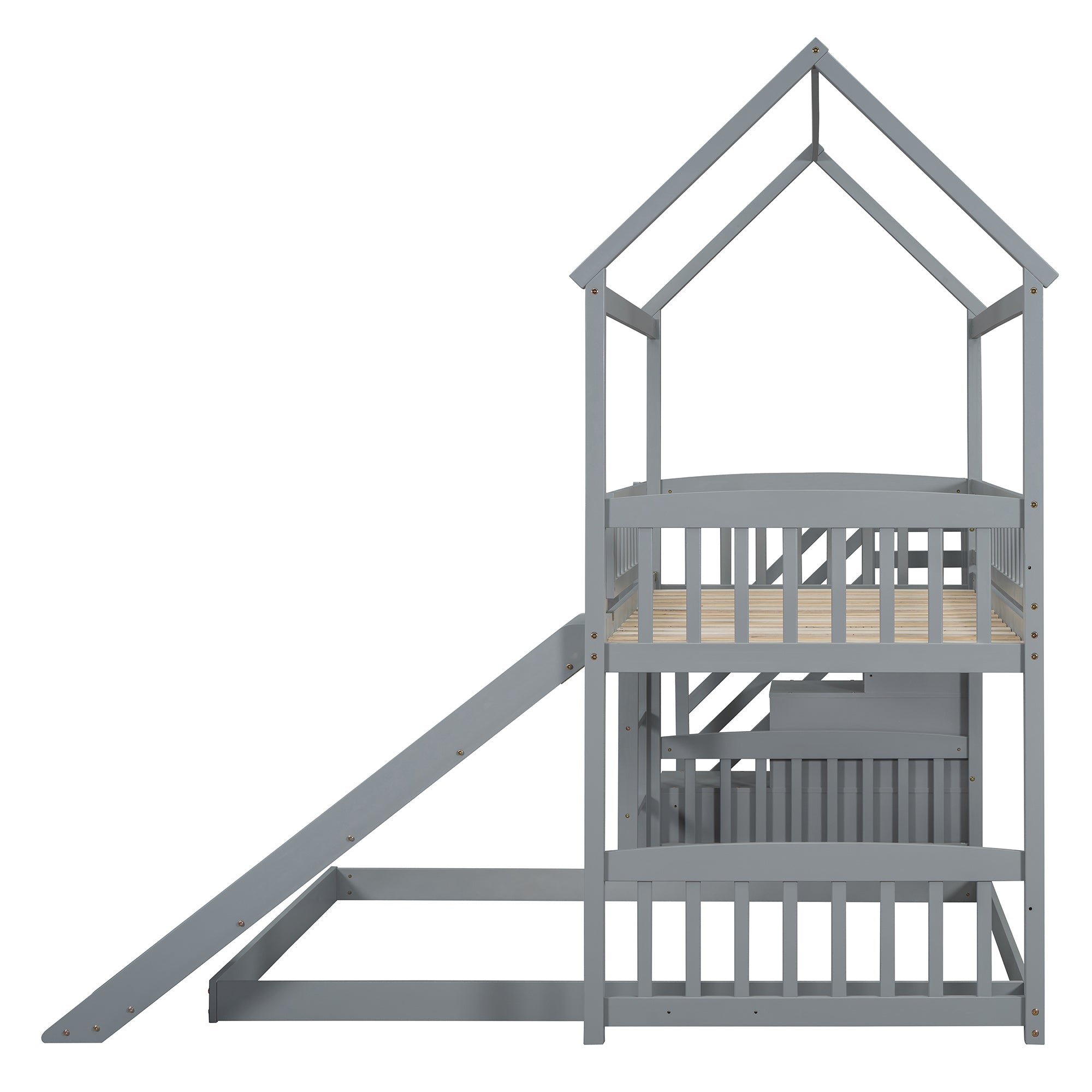 Kids House Bunk Bed Frame with Built-In Slide and Guard Rails for