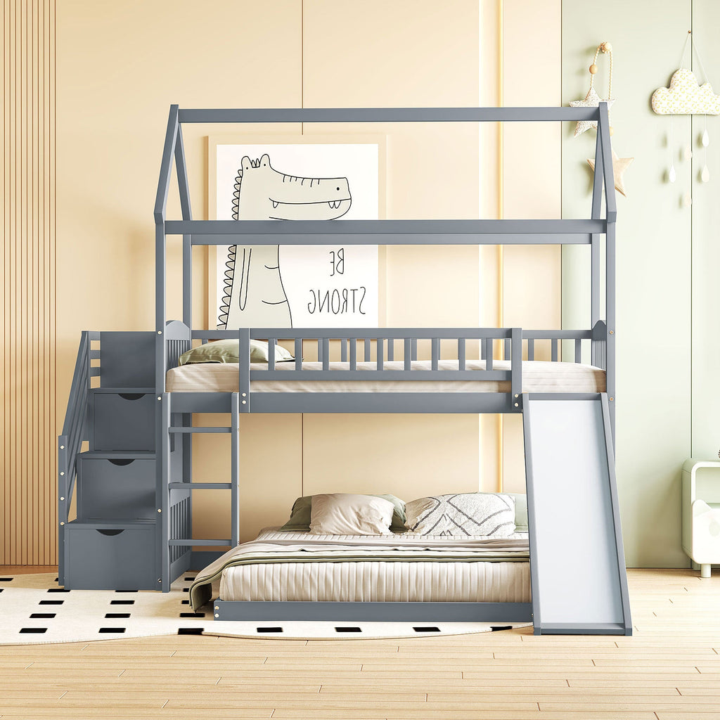 Kids House Bunk Bed Frame with Built-In Slide and Guard Rails for