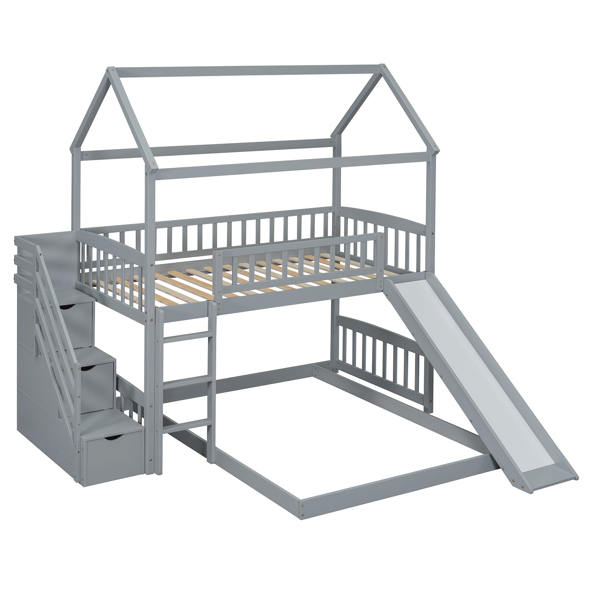 Kids House Bunk Bed Frame with Built-In Slide and Guard Rails for