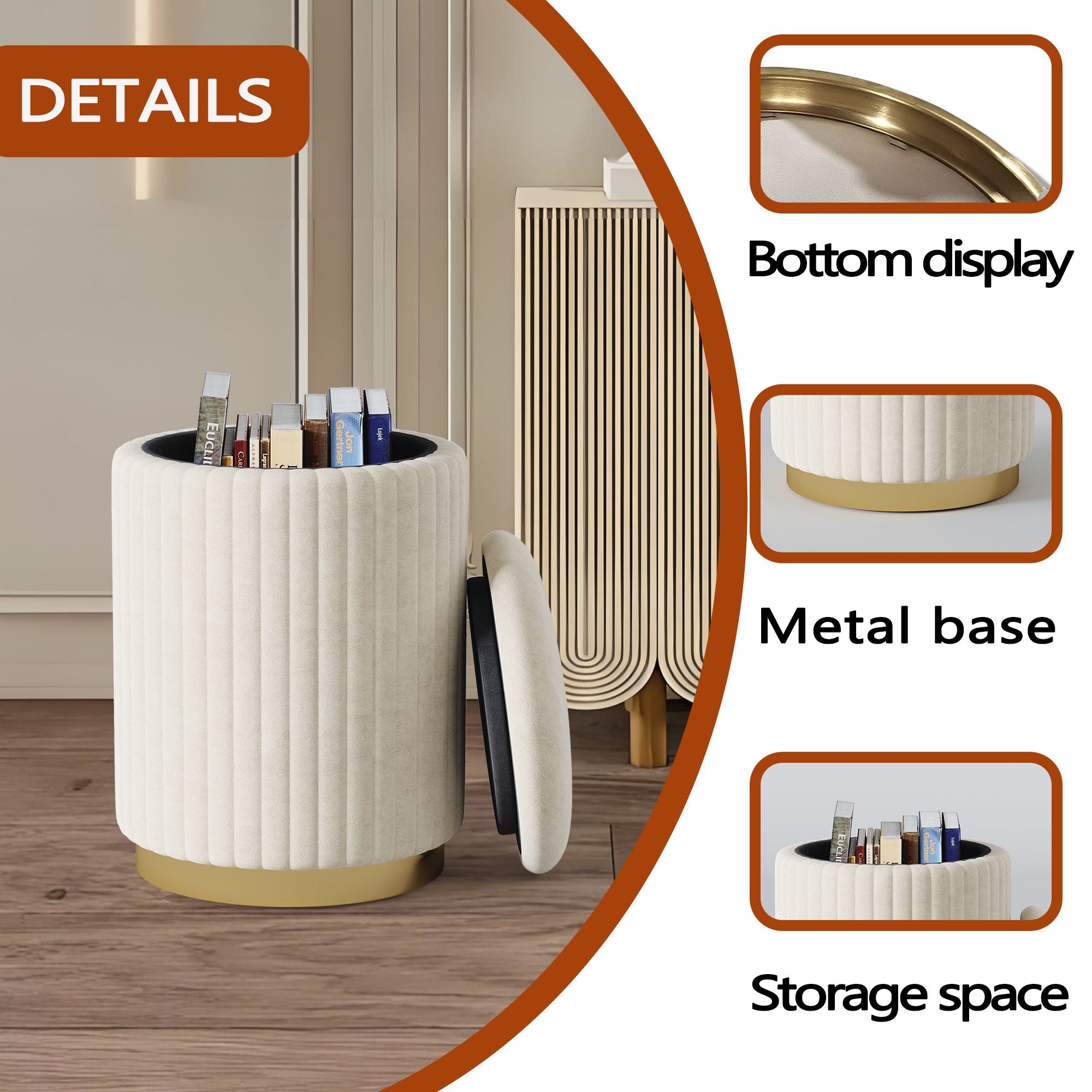 1pc Round Storage Ottoman, Upholstered Vanity Stool, Footrest Stool