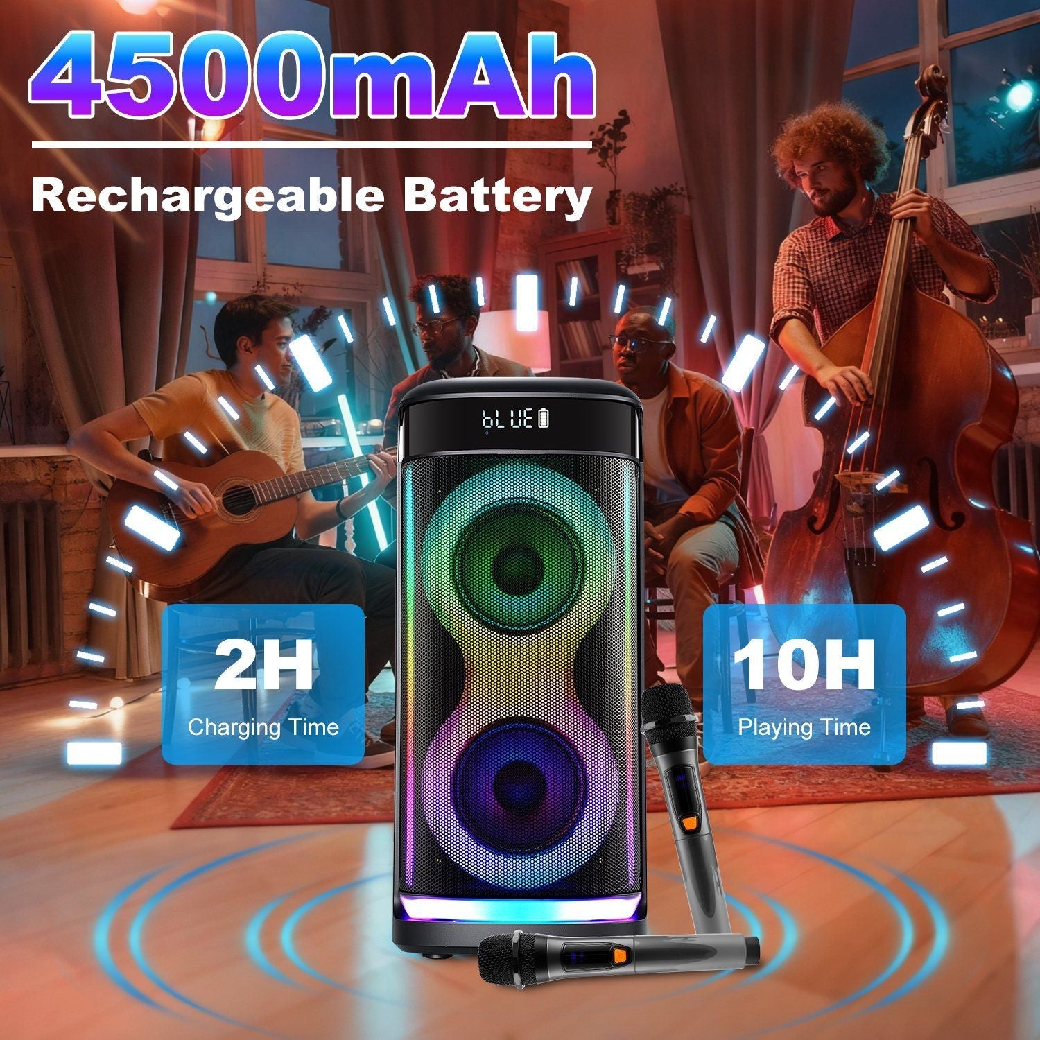 Portable Wireless Party Speaker with LED Light Wireless Mic Remote
