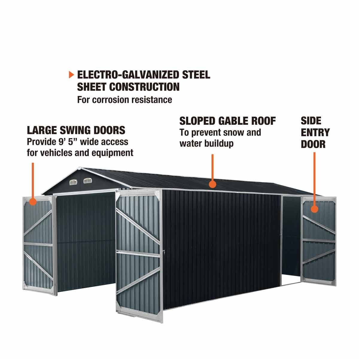 13' x 20' Metal Garage Shed with Double Front Doors, 7'9" Peak Height,