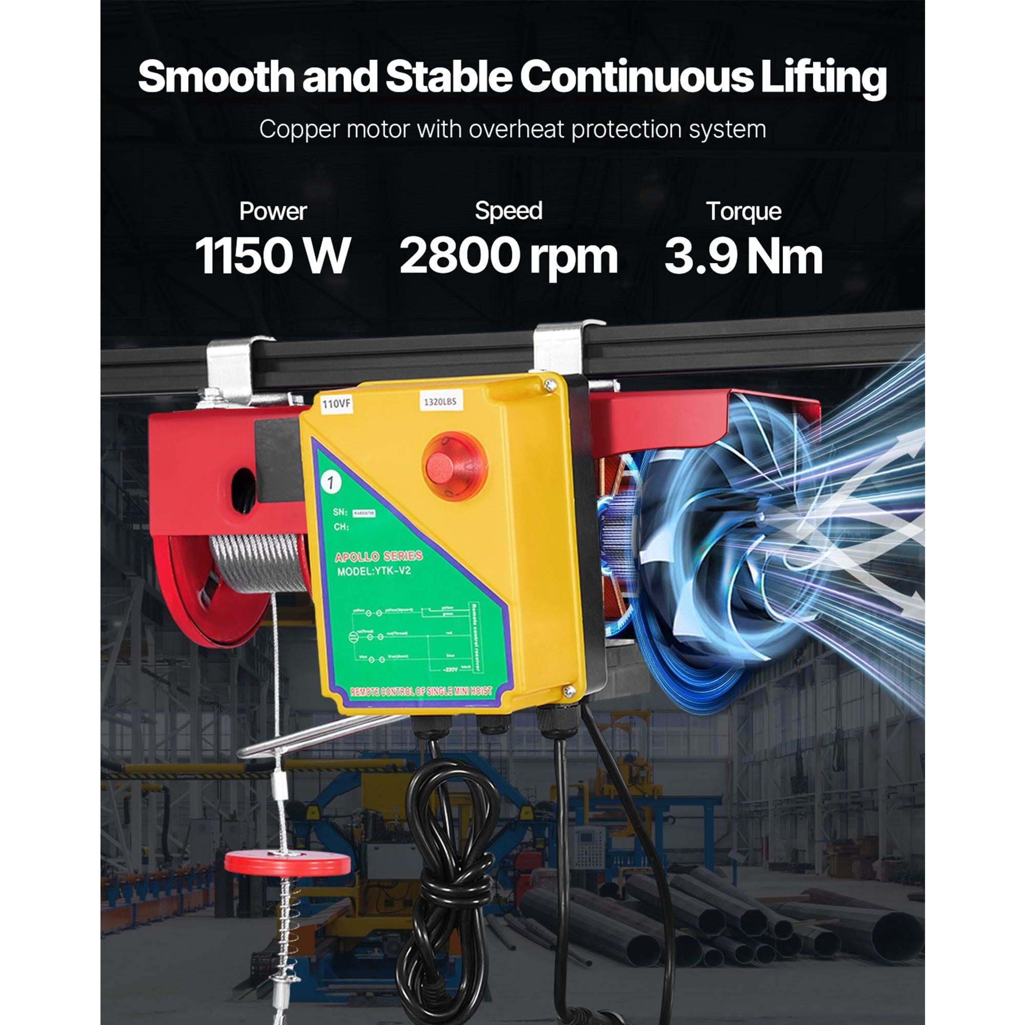 Electric Hoist, 1320 lbs Lifting Capacity, 1150W 110V Electric Steel