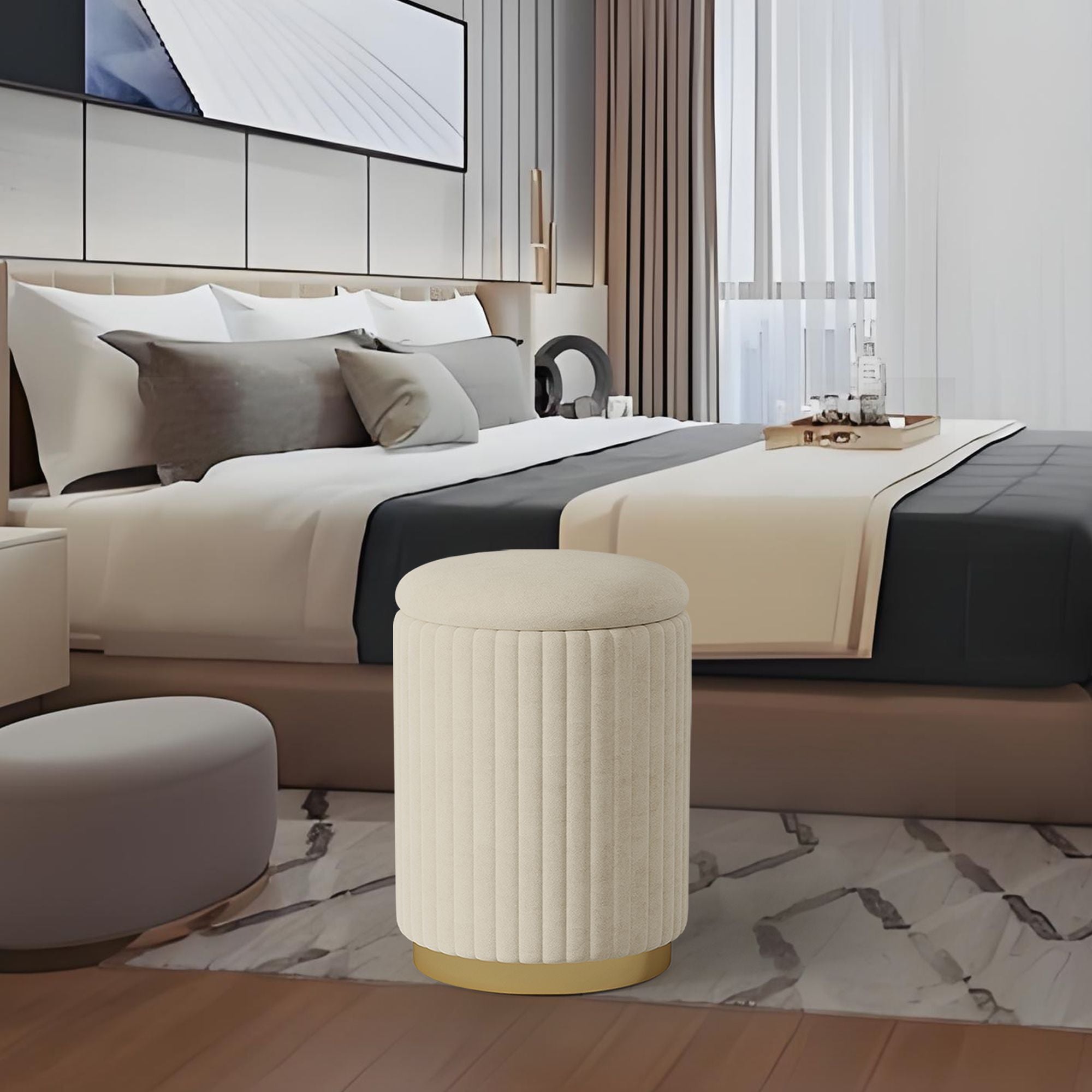 1pc Round Storage Ottoman, Upholstered Vanity Stool, Footrest Stool