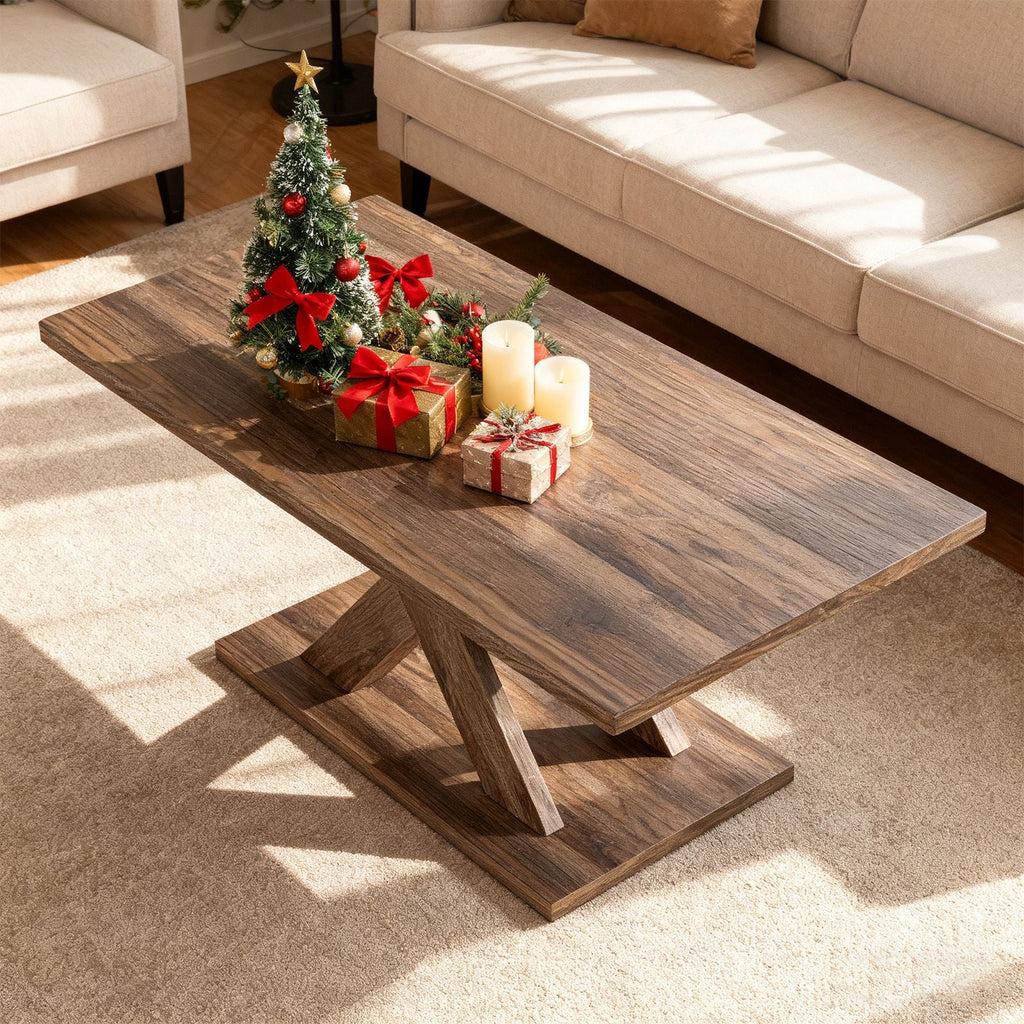 37.5 Inch Rectangular Coffee Table with Stable Base and Rubber Wood