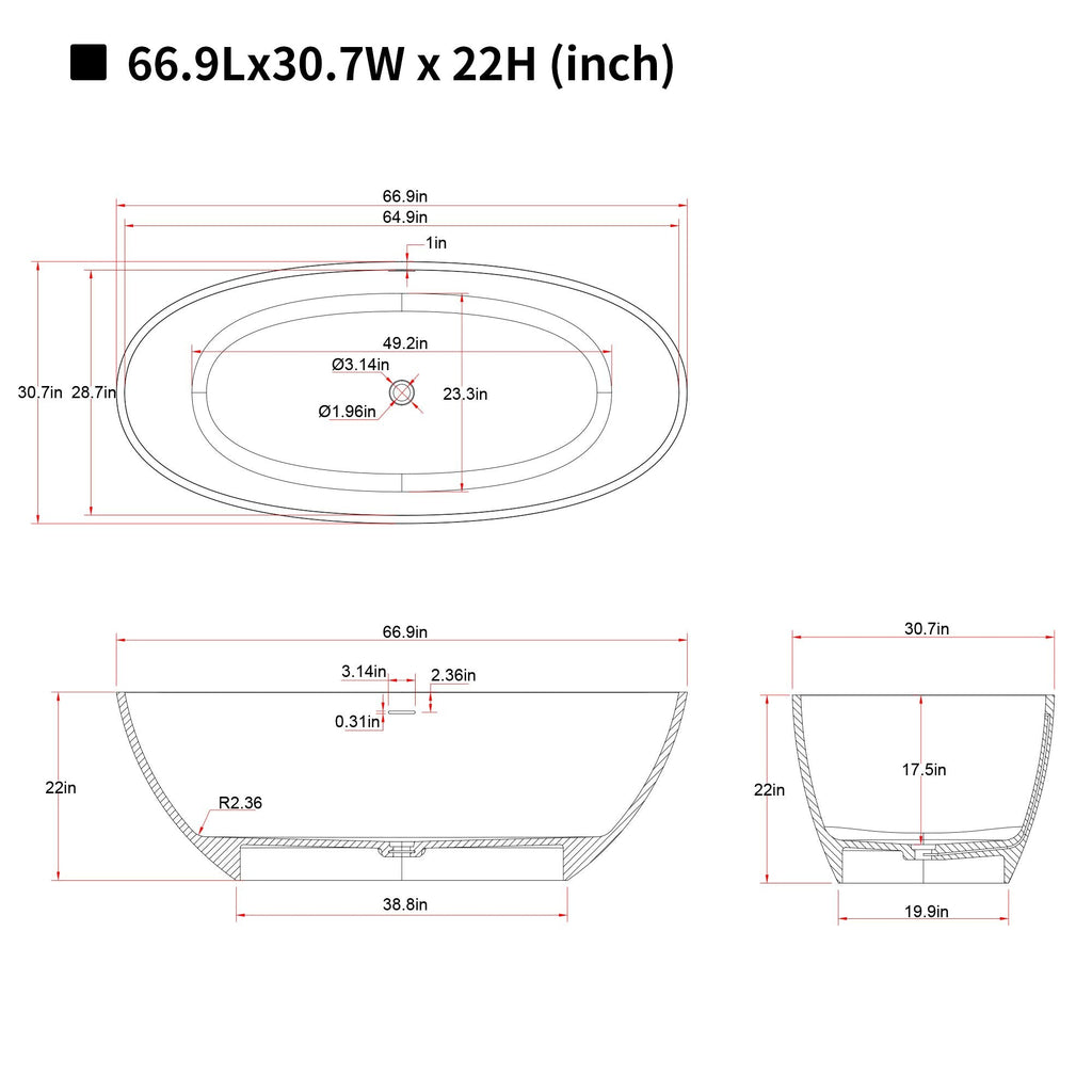 66.9″Solid Surface Matte Tub, Solid Surface Soaking Tub, Stone Resin