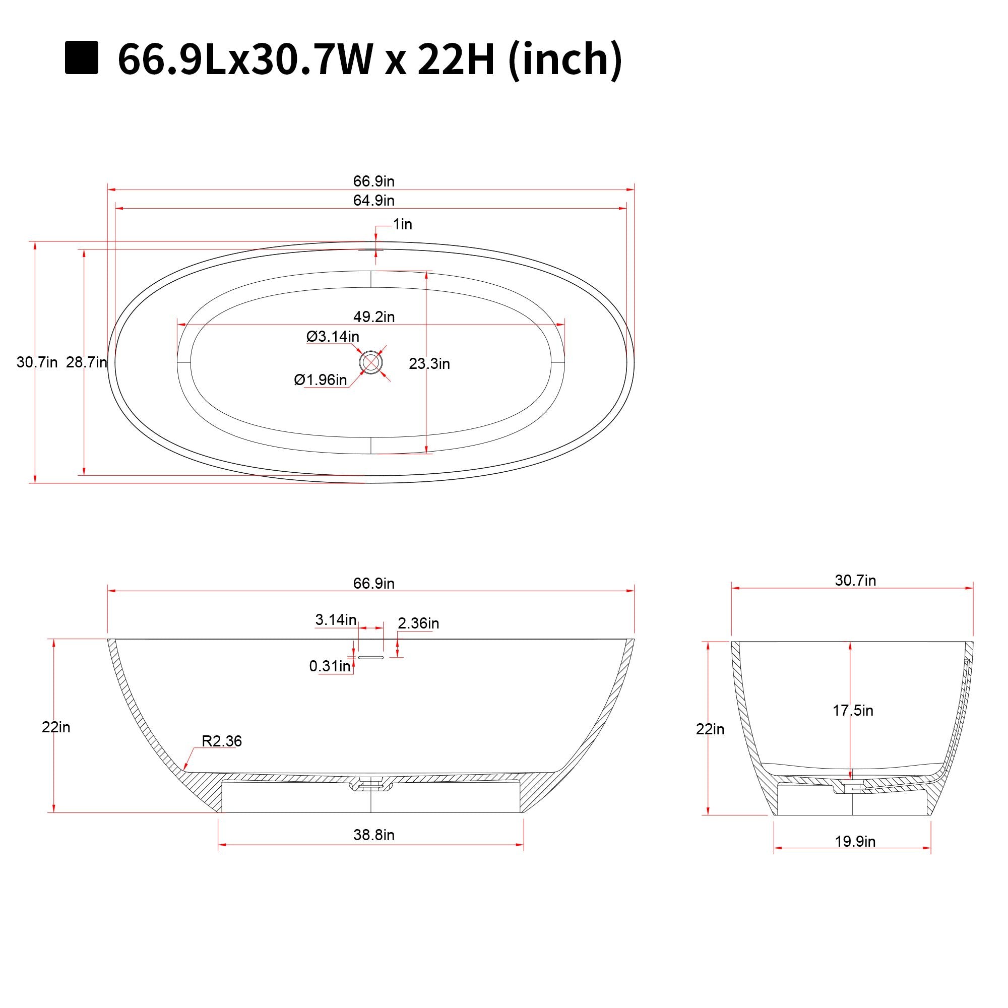 66.9″Solid Surface Matte Tub, Solid Surface Soaking Tub, Stone Resin
