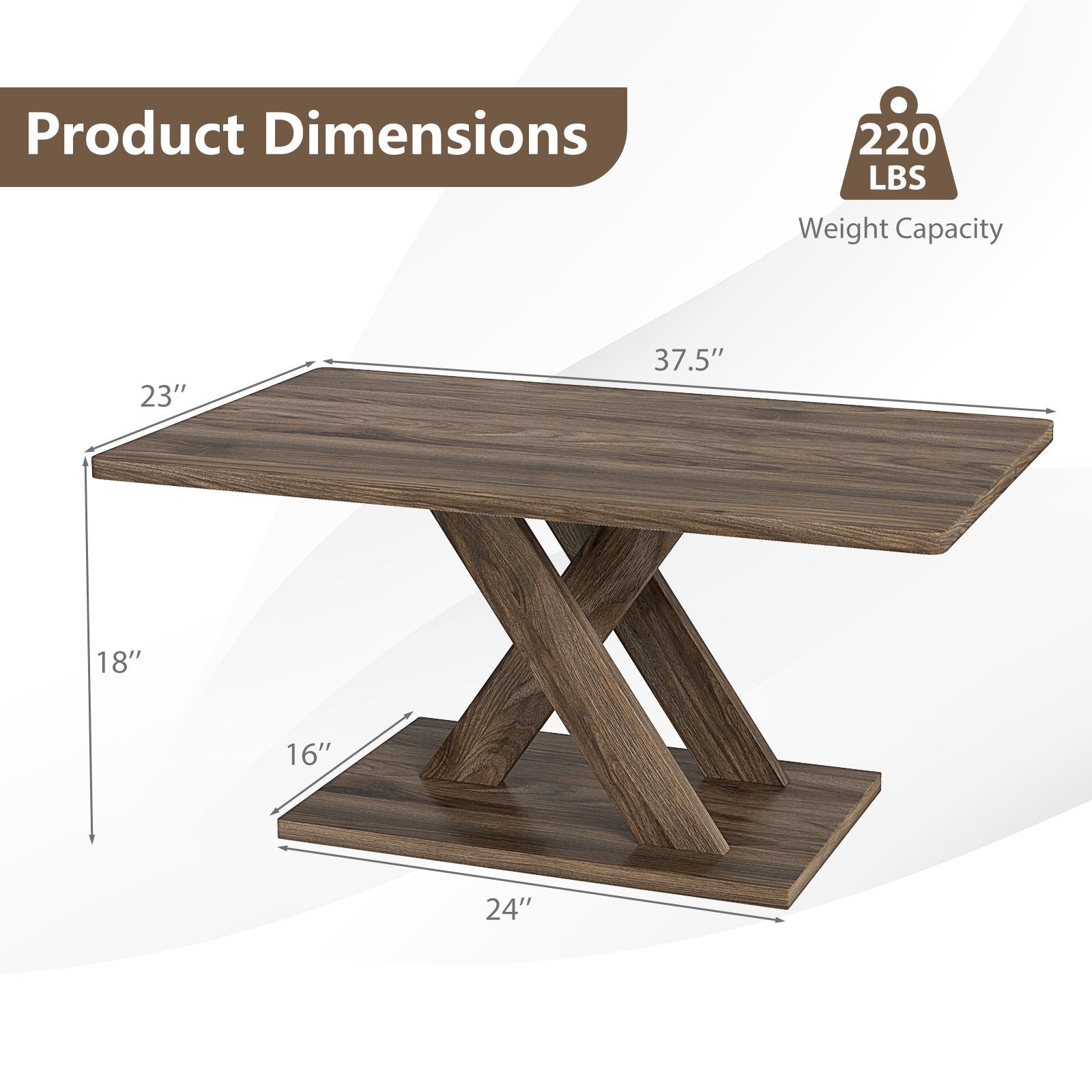 37.5 Inch Rectangular Coffee Table with Stable Base and Rubber Wood