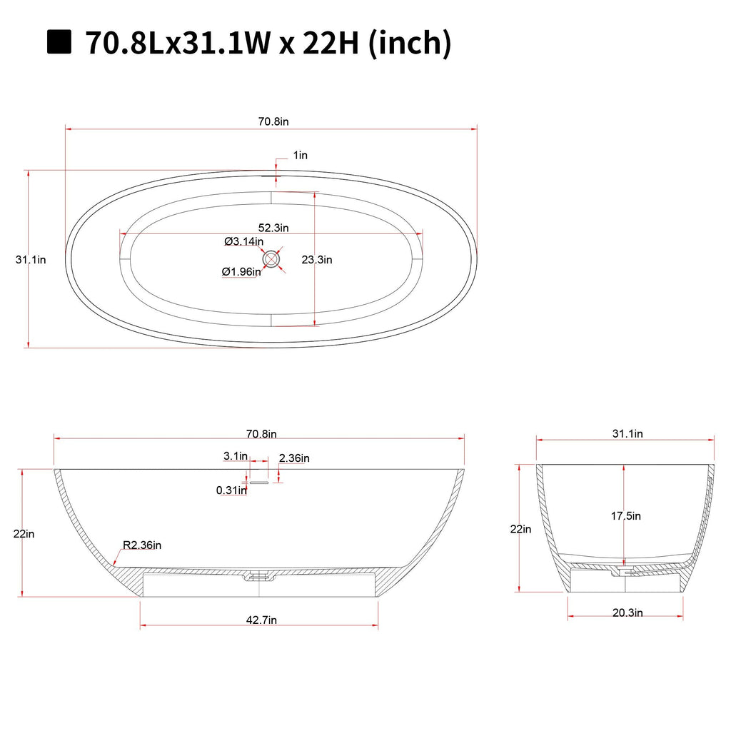 70.8″Solid Surface Matte Tub, Solid Surface Soaking Tub, Stone Resin