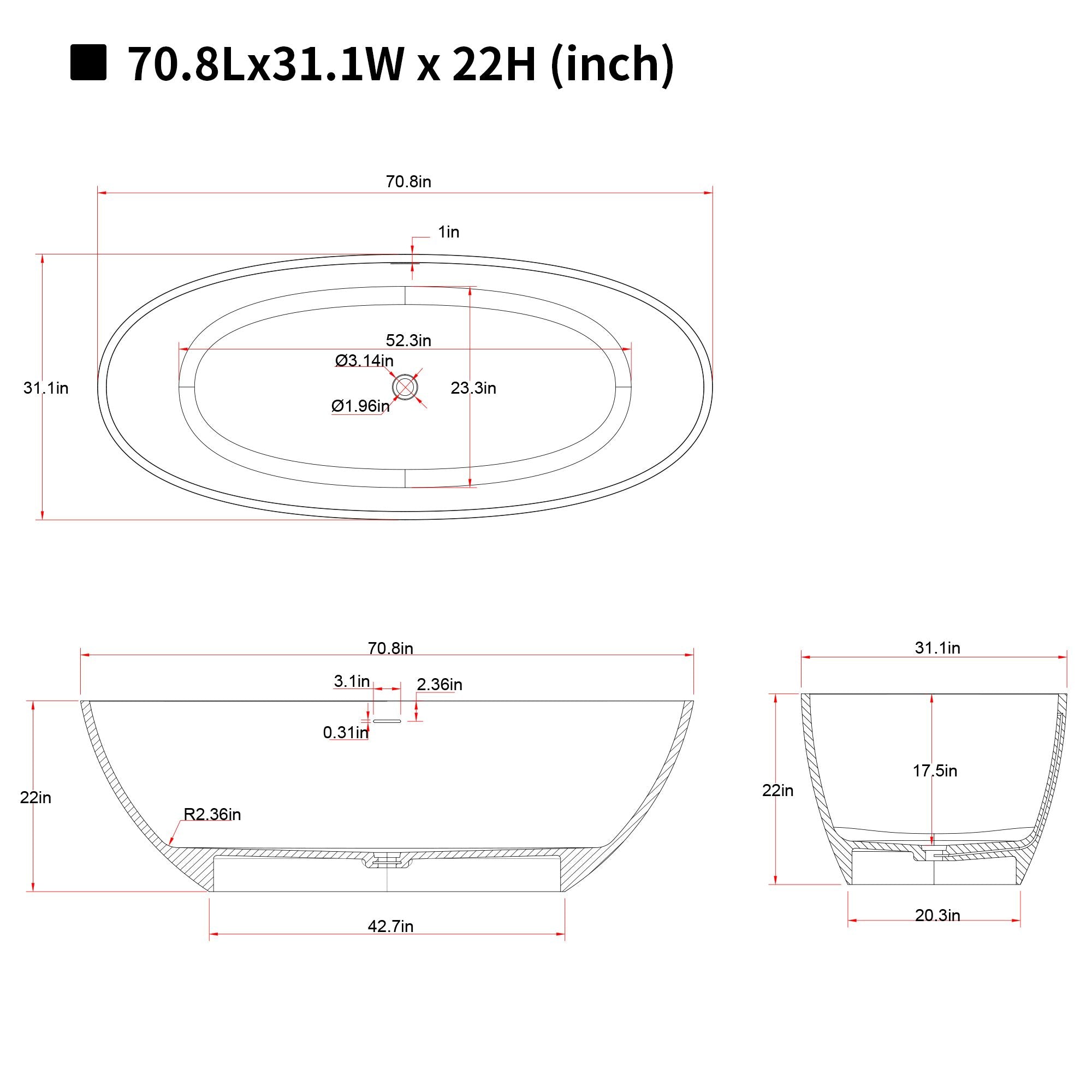 70.8″Solid Surface Matte Tub, Solid Surface Soaking Tub, Stone Resin