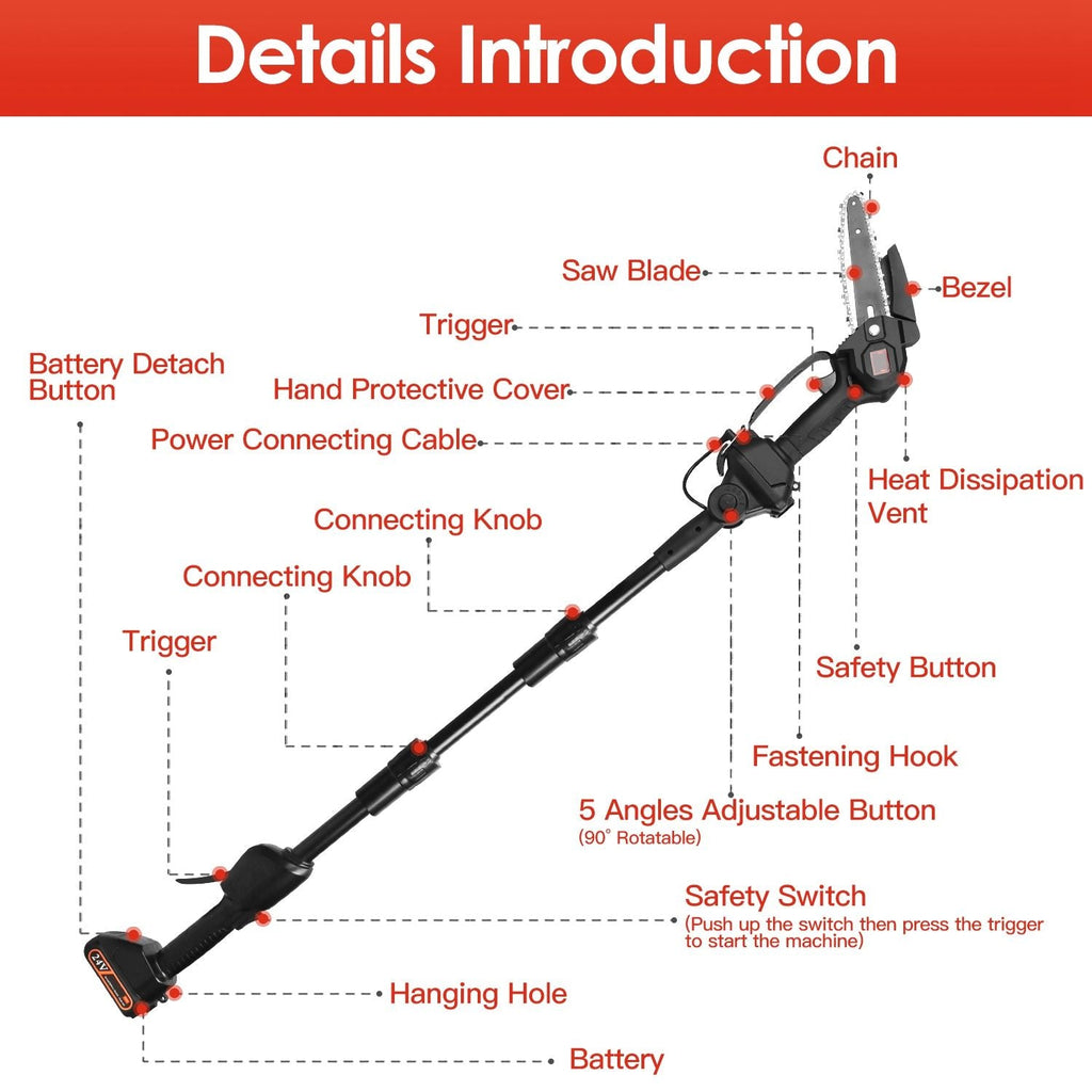 2-in-1 Cordless Pole Saw & Mini Chainsaw Electric Mini Chainsaw Length