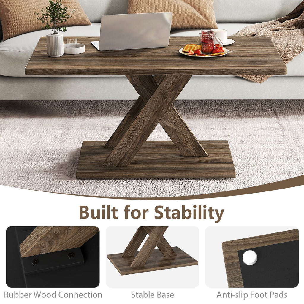 37.5 Inch Rectangular Coffee Table with Stable Base and Rubber Wood
