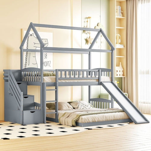 Kids House Bunk Bed Frame with Built-In Slide and Guard Rails for