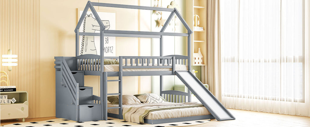 Kids House Bunk Bed Frame with Built-In Slide and Guard Rails for