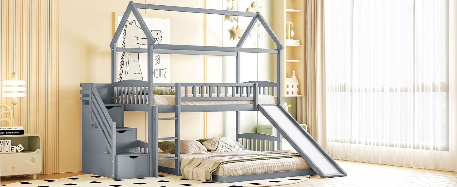 Kids House Bunk Bed Frame with Built-In Slide and Guard Rails for