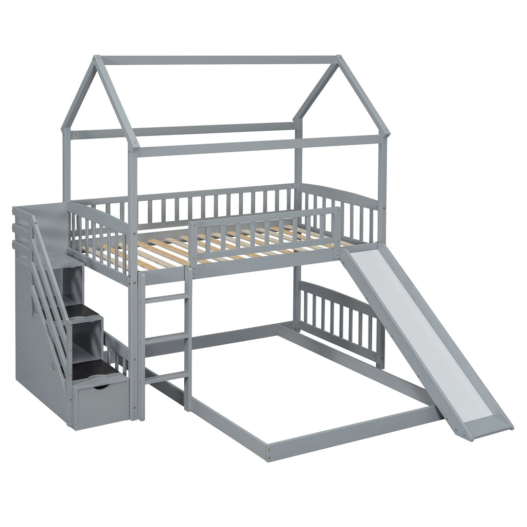 Kids House Bunk Bed Frame with Built-In Slide and Guard Rails for