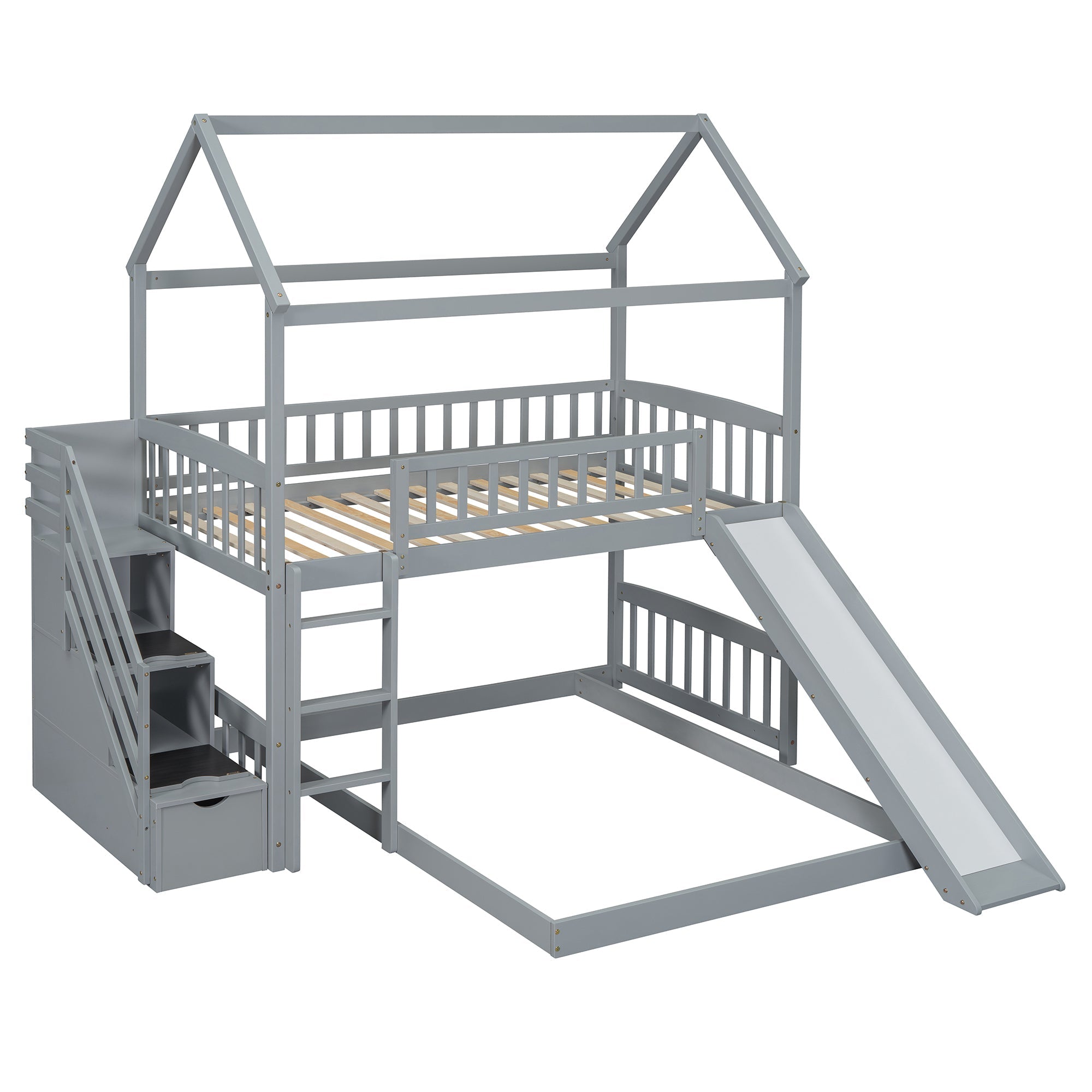 Kids House Bunk Bed Frame with Built-In Slide and Guard Rails for