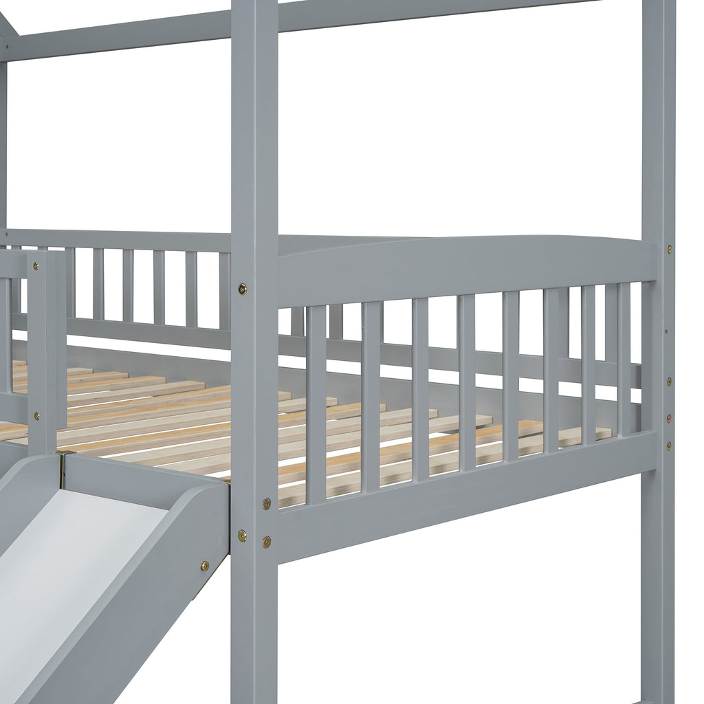 Kids House Bunk Bed Frame with Built-In Slide and Guard Rails for